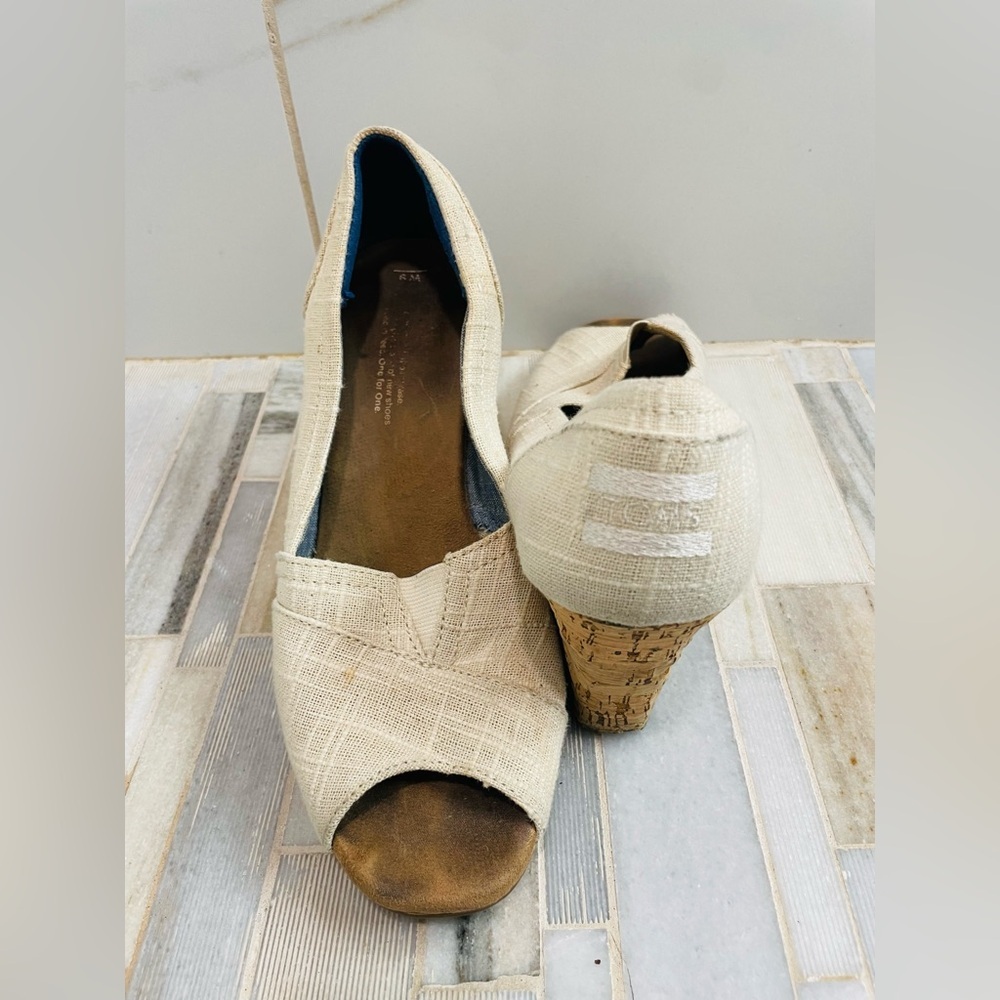 TOMS Stella Cork Wedge Sandals Womens Oatmeal Woven Open Toe Slip On Size 9 - Picture 10 of 16